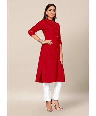 Red Colour Dola Silk Plain quarter_sleeve Chinese Collar Stitch Kurtis 3