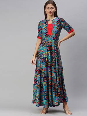 Blue printed viscose rayon maxi-dresses 1