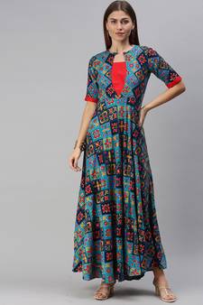 Blue printed viscose rayon maxi-dresses