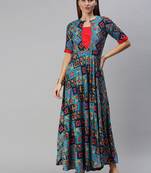 Blue printed viscose rayon maxi-dresses