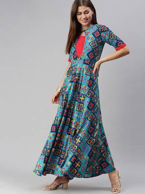 Blue printed viscose rayon maxi-dresses 2