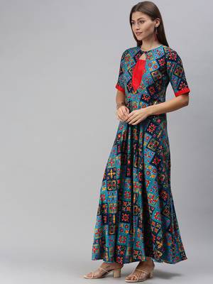 Blue printed viscose rayon maxi-dresses 4