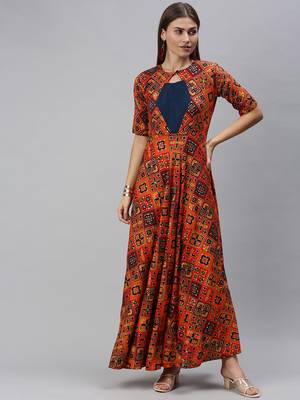 Orange printed viscose rayon maxi-dresses 1