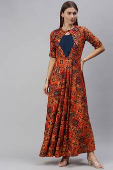 Orange printed viscose rayon maxi-dresses