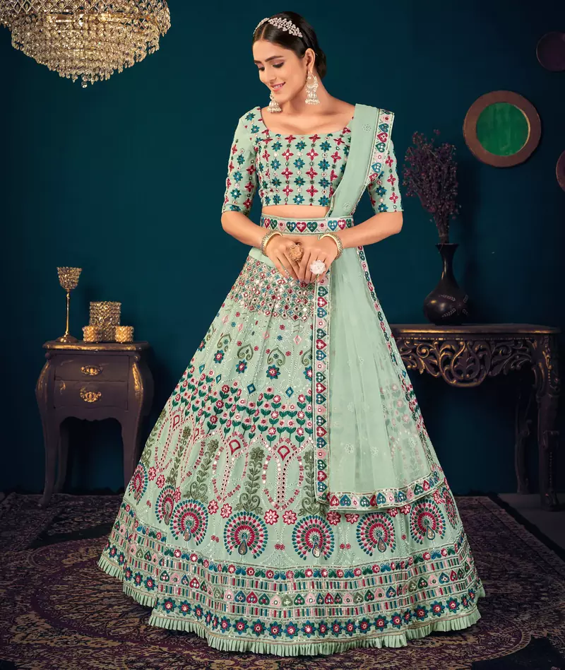 Pista Green Multi-thread and Sequince with gota patti Embroidered Georgette Semi-stitched Lehenga