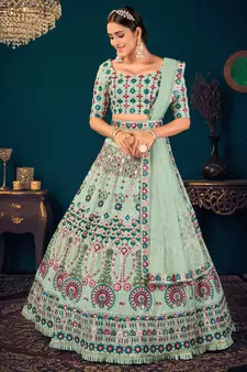 Pista Green Multi-thread and Sequince with gota patti Embroidered Georgette Semi-stitched Lehenga