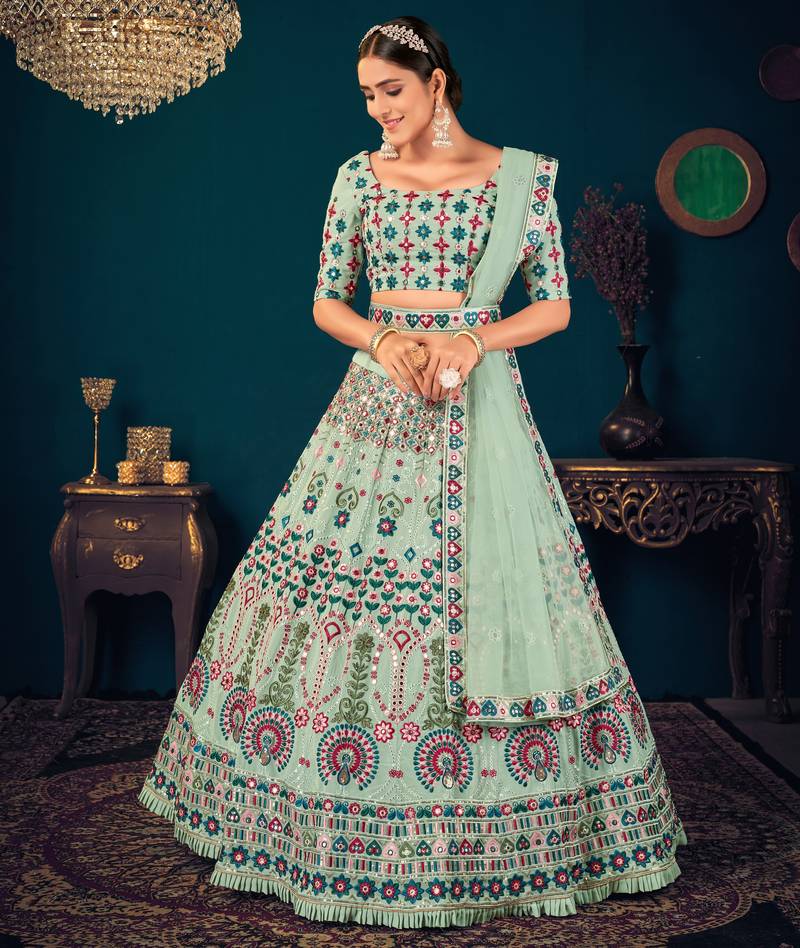 Pista Green Multi-thread and Sequince with gota patti Embroidered Georgette Semi-stitched Lehenga