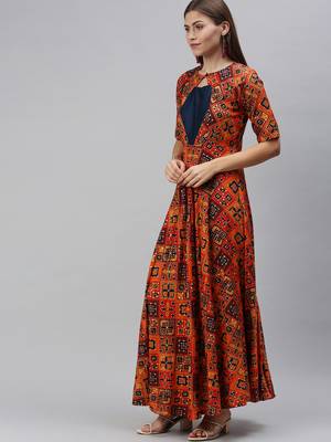 Orange printed viscose rayon maxi-dresses 2