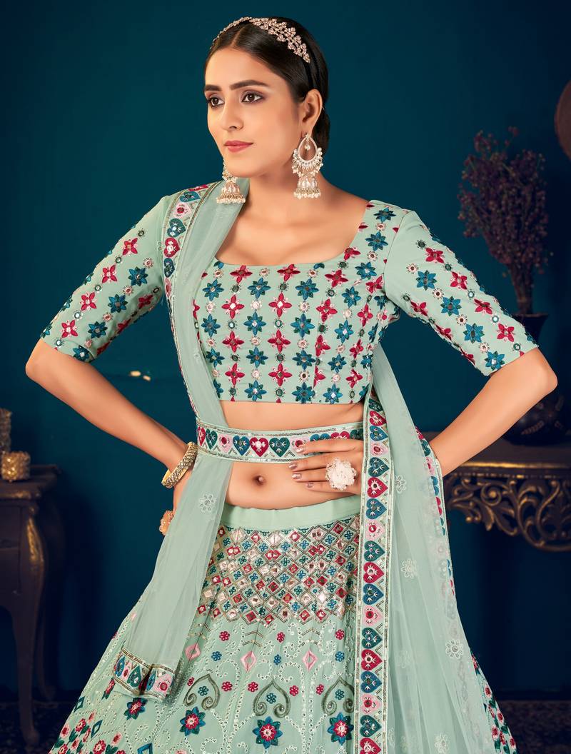 Pista Green Multi-thread and Sequince with gota patti Embroidered Georgette Semi Stitched Party Wear Lehenga choli