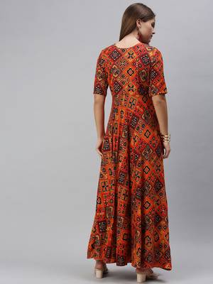 Orange printed viscose rayon maxi-dresses 3