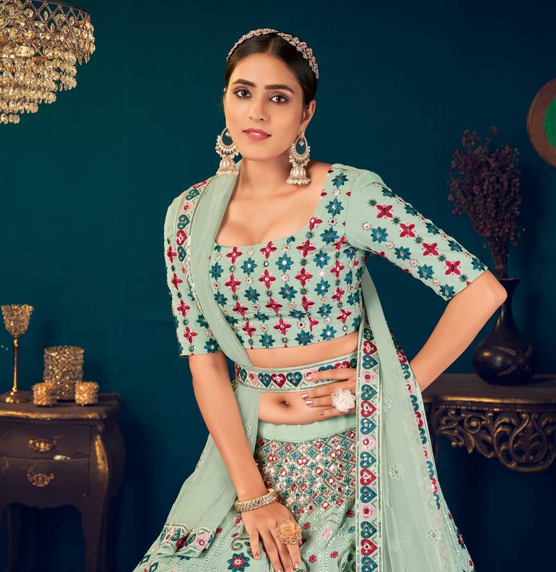 Pista Green Multi-thread and Sequince with gota patti Embroidered Georgette Semi Stitched Party Wear Lehenga choli
