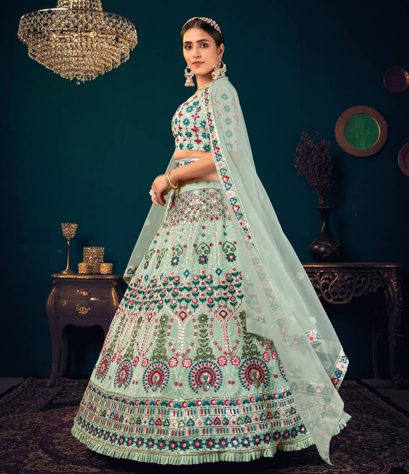 Pista Green Multi-thread and Sequince with gota patti Embroidered Georgette Semi Stitched Party Wear Lehenga choli