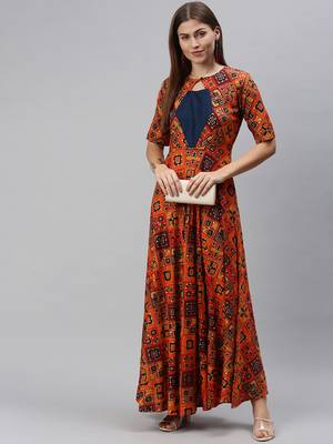 Orange printed viscose rayon maxi-dresses 4