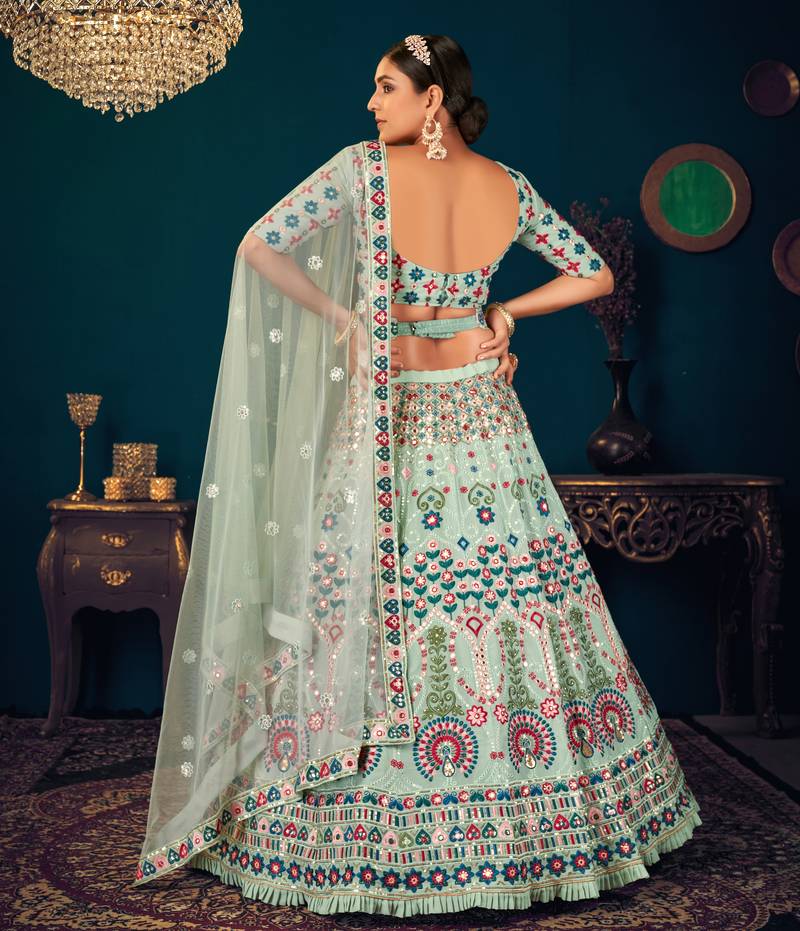 Pista Green Multi-thread and Sequince with gota patti Embroidered Georgette Semi Stitched Party Wear Lehenga choli