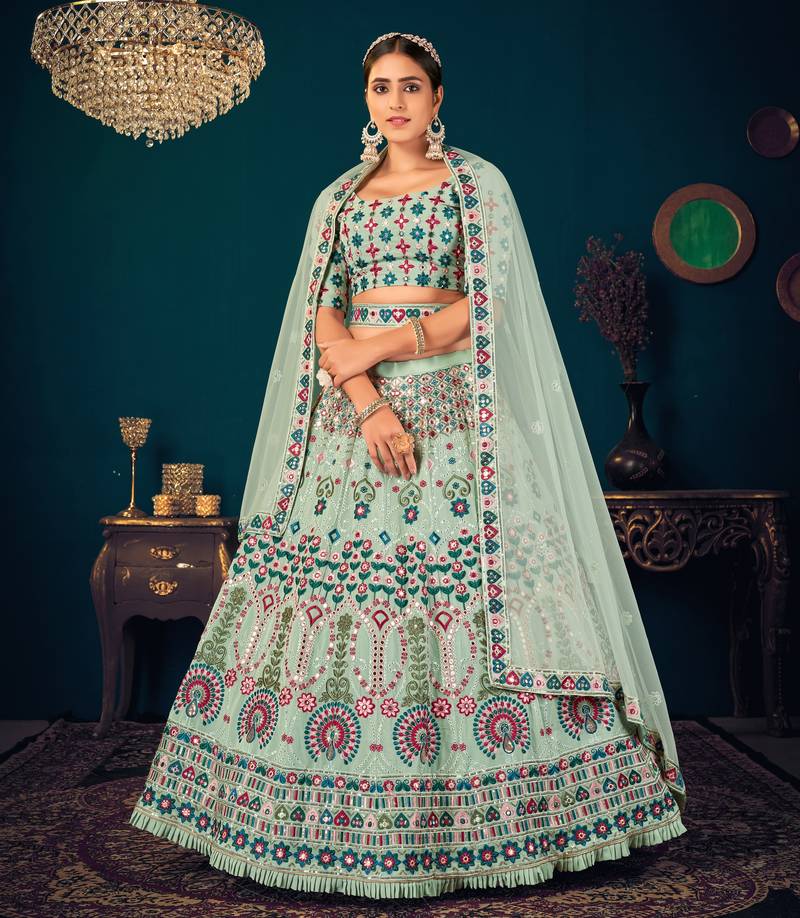 Pista Green Multi-thread and Sequince with gota patti Embroidered Georgette Semi Stitched Party Wear Lehenga choli
