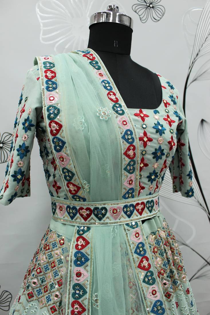 Pista Green Multi-thread and Sequince with gota patti Embroidered Georgette Semi Stitched Party Wear Lehenga choli