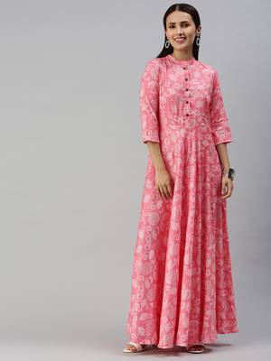 Pink printed viscose rayon maxi-dresses 1