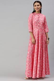 Pink printed viscose rayon maxi-dresses