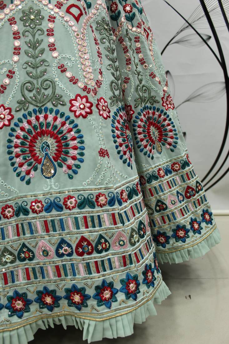 Pista Green Multi-thread and Sequince with gota patti Embroidered Georgette Semi Stitched Party Wear Lehenga choli