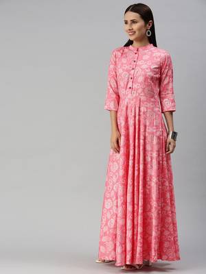 Pink printed viscose rayon maxi-dresses 4