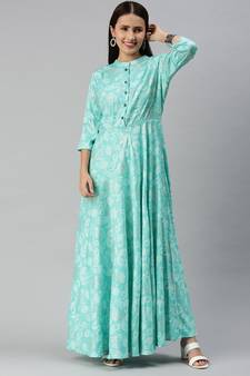 Green printed viscose rayon maxi-dresses