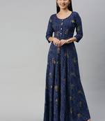 Navy-blue printed viscose rayon maxi-dresses