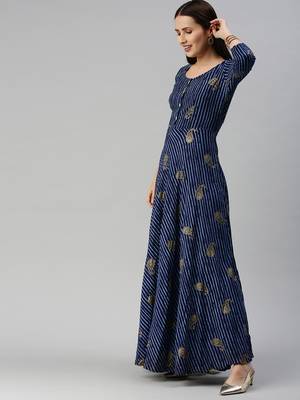 Navy-blue printed viscose rayon maxi-dresses 2