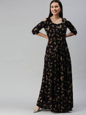 Black printed viscose rayon maxi-dresses 1