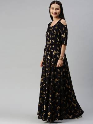 Black printed viscose rayon maxi-dresses 2