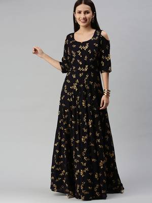 Black printed viscose rayon maxi-dresses 4