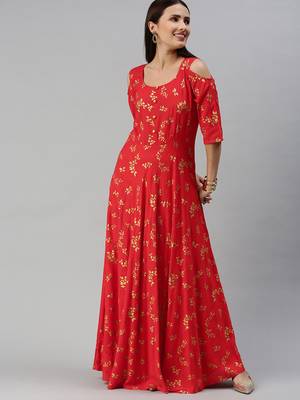 Red printed viscose rayon maxi-dresses 1