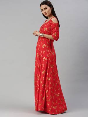 Red printed viscose rayon maxi-dresses 2