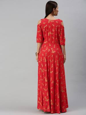 Red printed viscose rayon maxi-dresses 3
