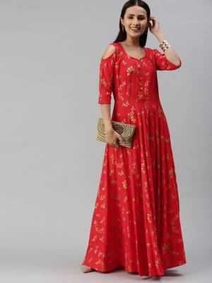 Red printed viscose rayon maxi-dresses 4
