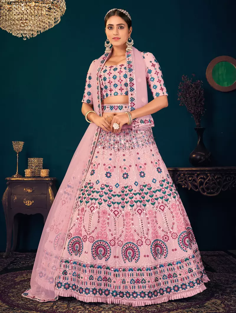 Pink Multi-thread, Sequins, and gota patti Embroidered Georgette Semi-stitched Lehenga