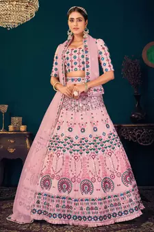 Pink Multi-thread, Sequins, and gota patti Embroidered Georgette Semi-stitched Lehenga