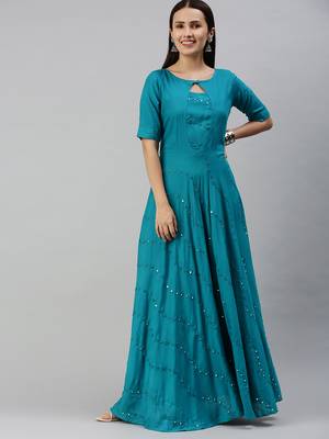Blue embroidered viscose rayon maxi-dresses 1