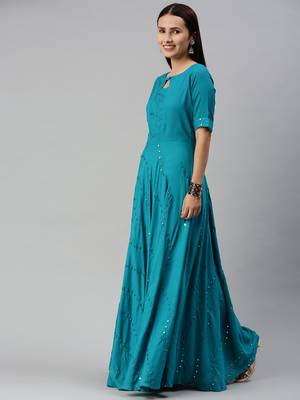 Blue embroidered viscose rayon maxi-dresses 2