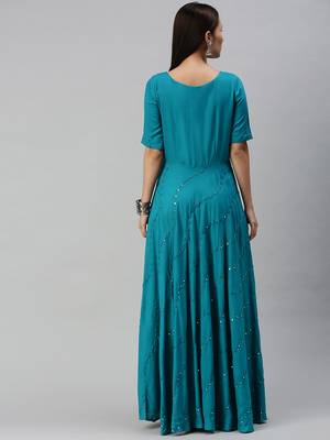 Blue embroidered viscose rayon maxi-dresses 3