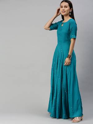 Blue embroidered viscose rayon maxi-dresses 4