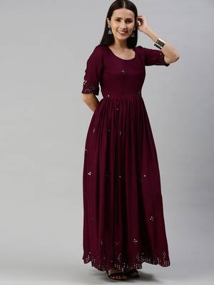 Purple embroidered viscose rayon maxi-dresses 1
