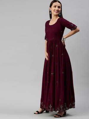 Purple embroidered viscose rayon maxi-dresses 2