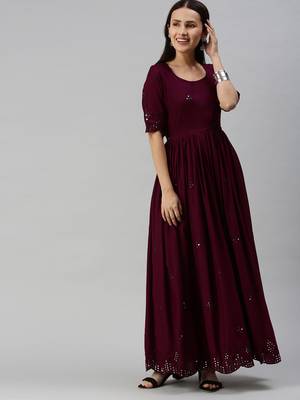 Purple embroidered viscose rayon maxi-dresses 4