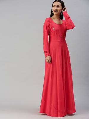 Pink embroidered viscose rayon maxi-dresses 1