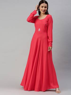 Pink embroidered viscose rayon maxi-dresses 4