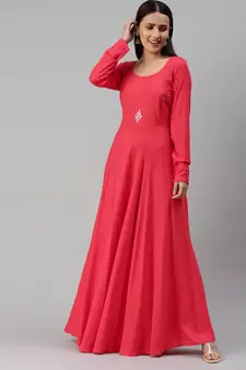 Pink embroidered viscose rayon maxi-dresses