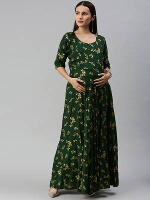 Green printed viscose rayon maxi-dresses 1