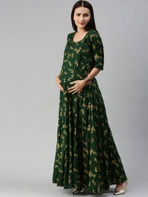Green printed viscose rayon maxi-dresses 2