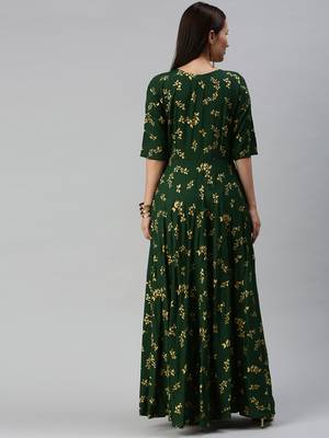 Green printed viscose rayon maxi-dresses 3