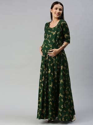 Green printed viscose rayon maxi-dresses 4
